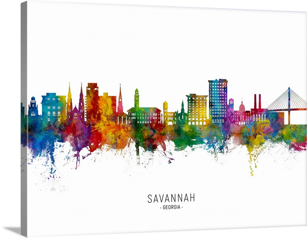 Watercolor art print of the skyline of Savannah, Georgia