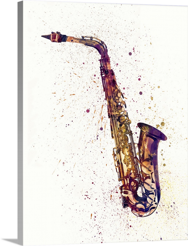 Contemporary artwork of a saxophone with bright colorful watercolor paint splatter all over it.