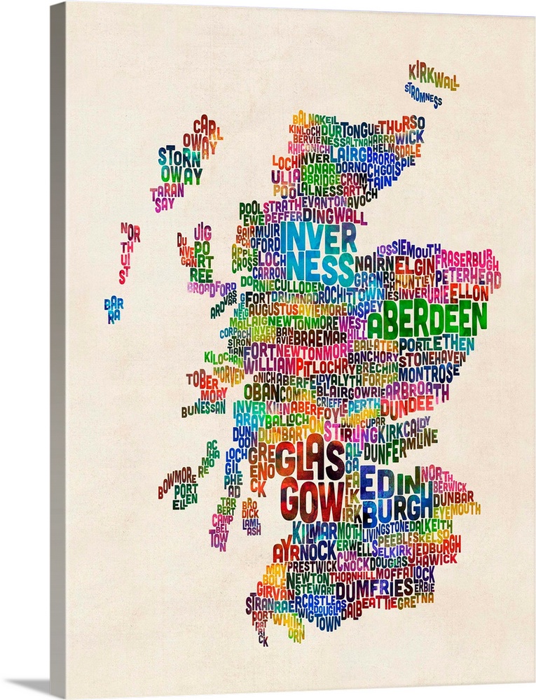 Contemporary typography art map of Scotland.