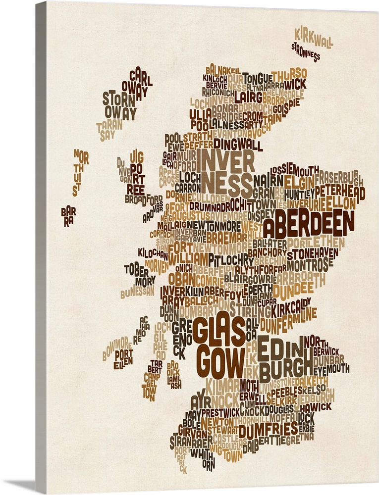 Contemporary typography art map of Scotland.