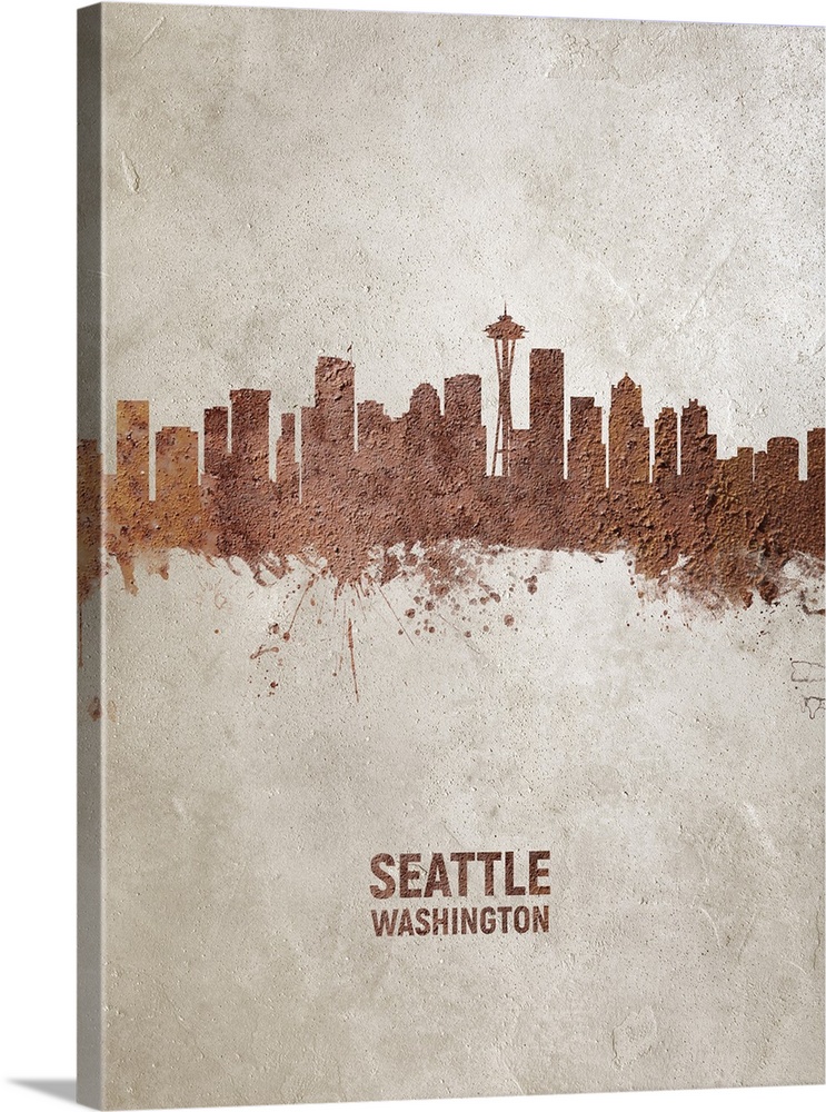 Art print of the skyline of Seattle, Washington, United States. Rust on concrete.