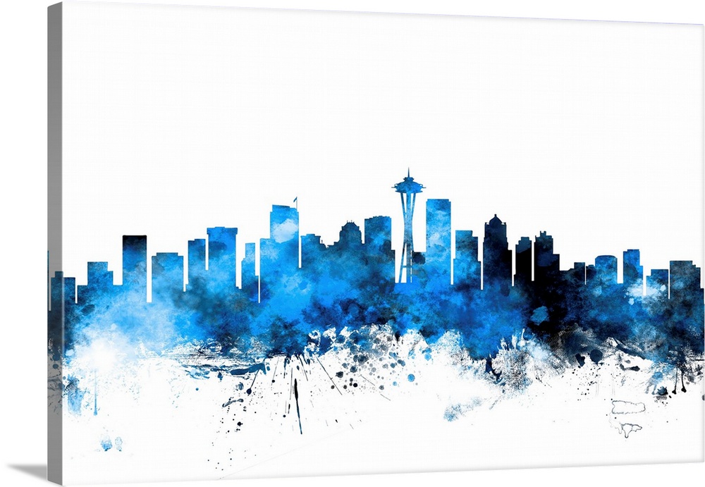 Contemporary piece of artwork of the Seattle skyline made of colorful paint splashes.