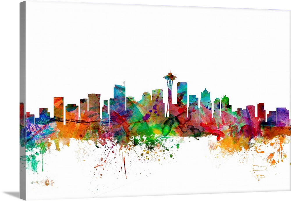 Watercolor artwork of the Seattle skyline against a white background.