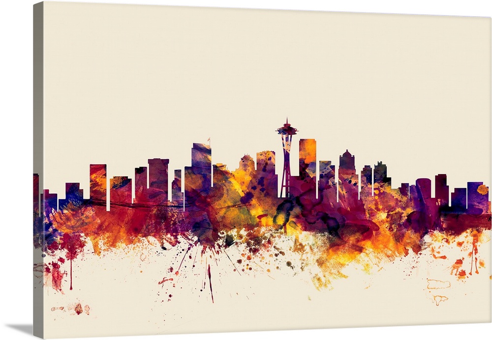 Watercolor artwork of the Seattle skyline against a beige background.
