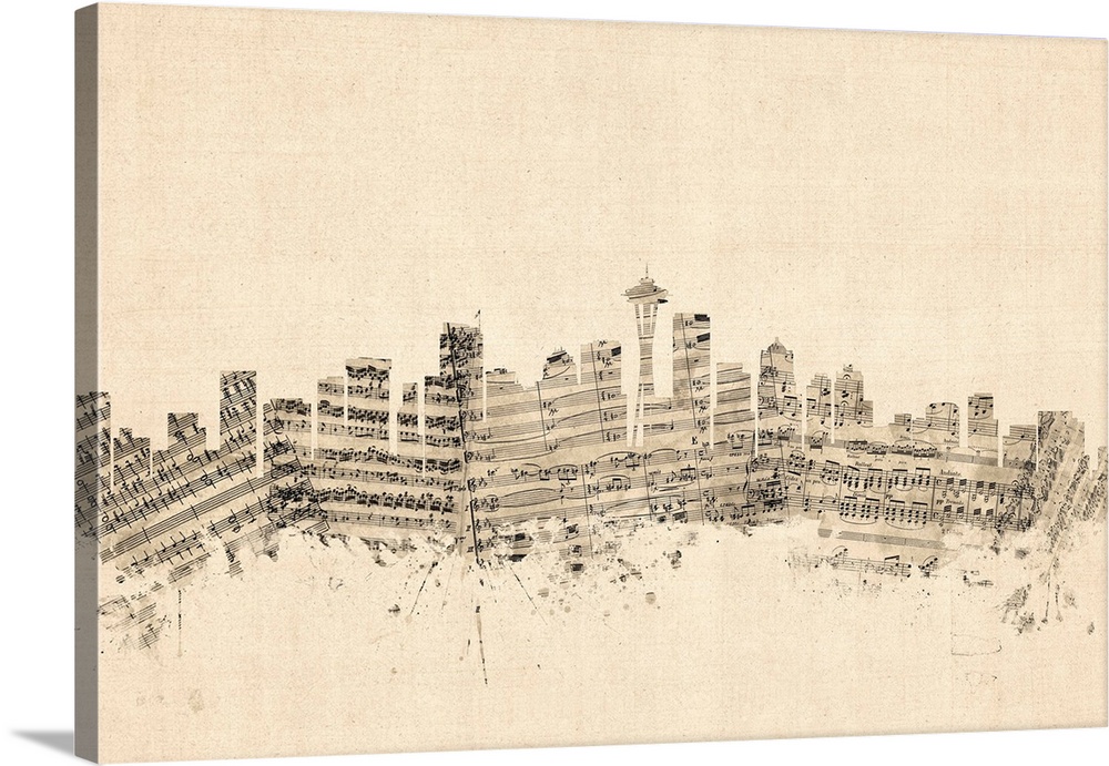 Seattle skyline made of sheet music against a weathered beige background.