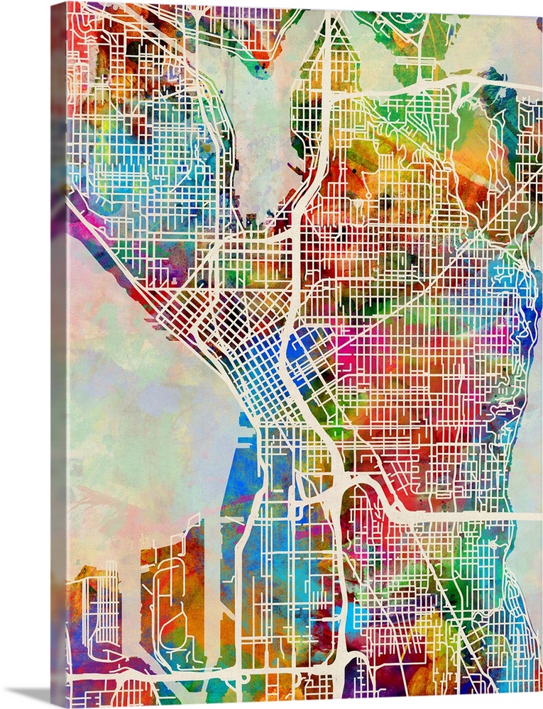 Watercolor art map of Seattle city streets.