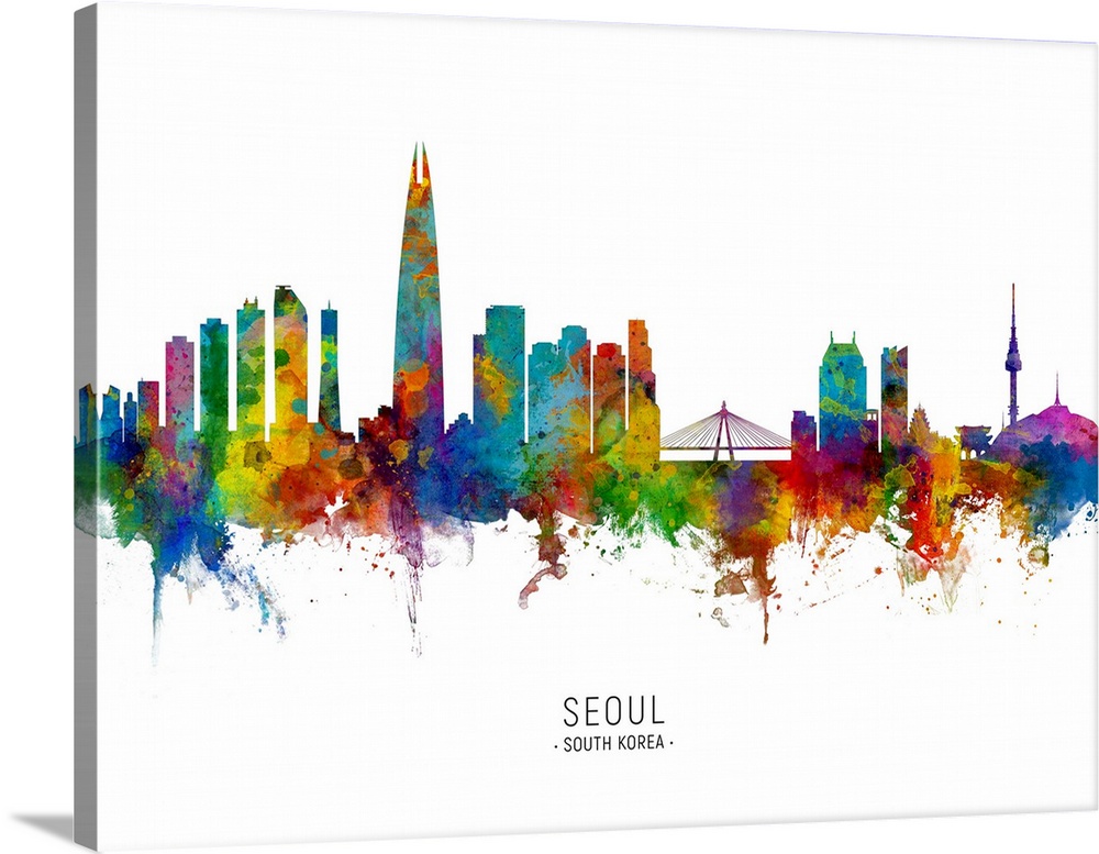 Watercolor art print of the skyline of Seoul, South Korea.