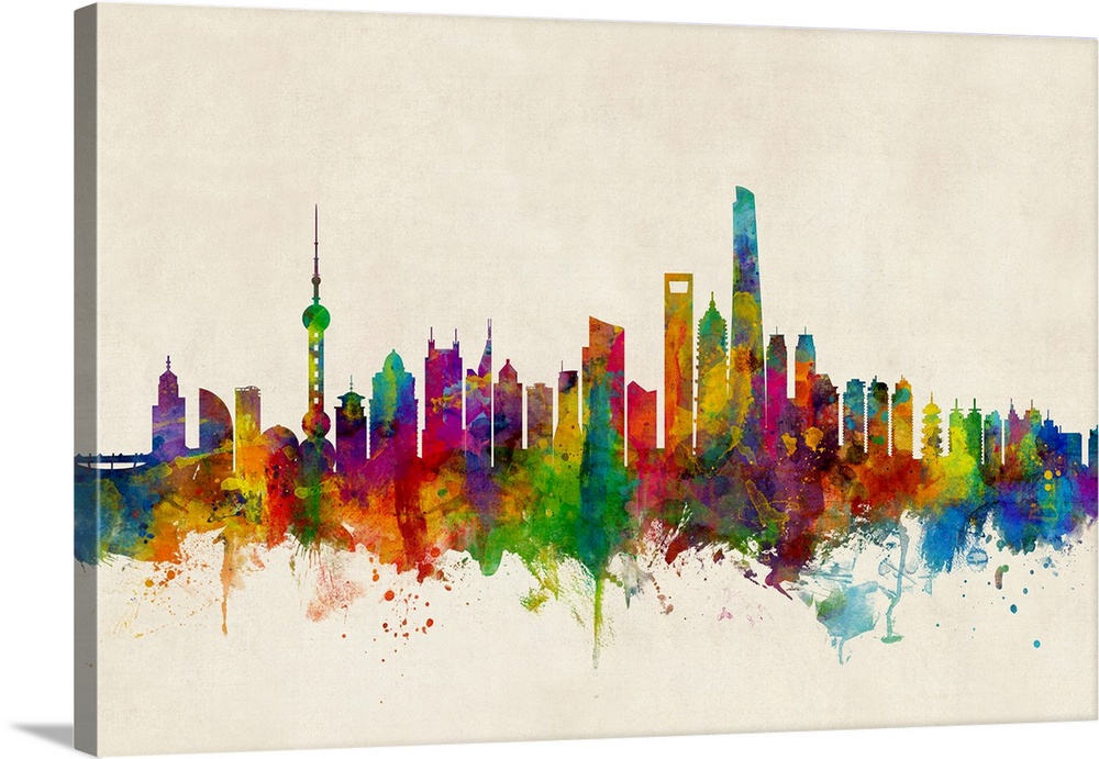 Watercolor art print of the skyline of Shanghai, China