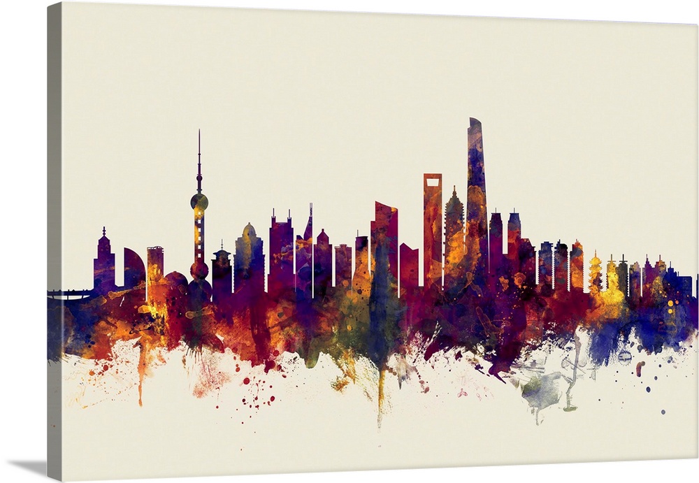 Watercolor art print of the skyline of Shanghai, China