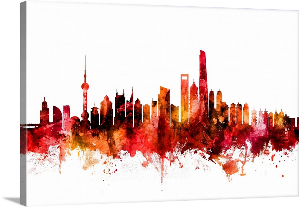 Watercolor art print of the skyline of Shanghai, China.