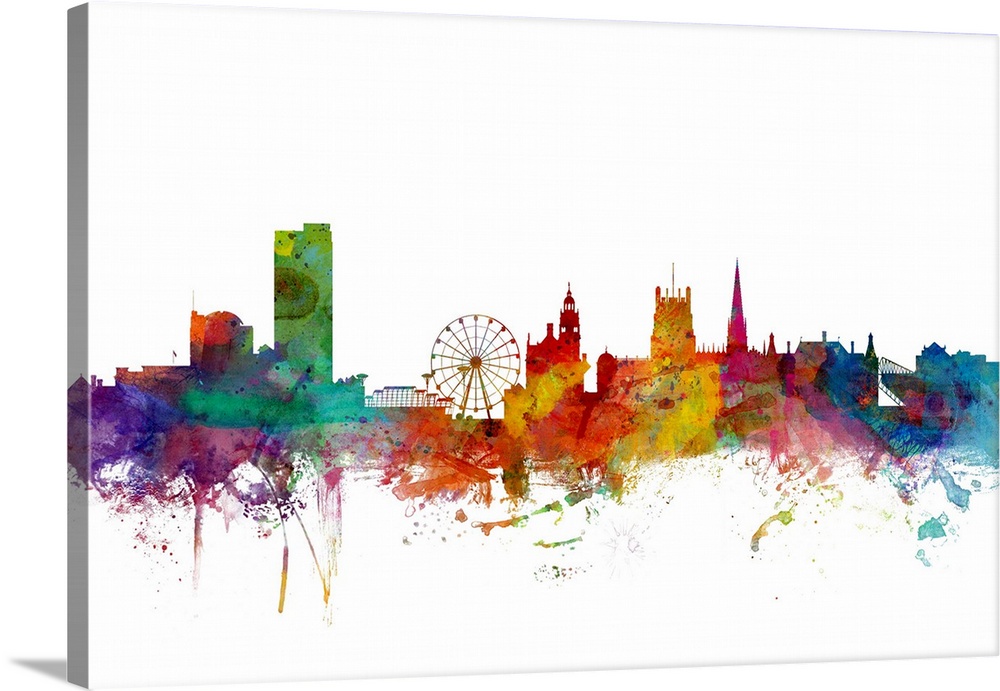 Contemporary piece of artwork of the Sheffield skyline made of colorful paint splashes.