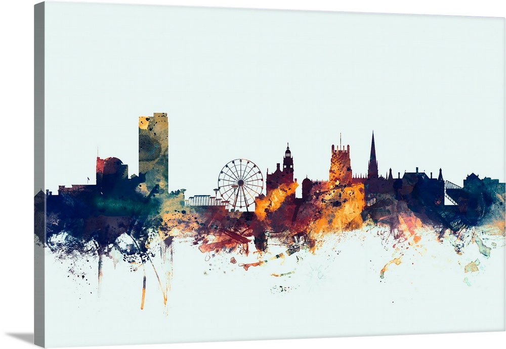 Watercolor art print of the skyline of Sheffield, England, United Kingdom.