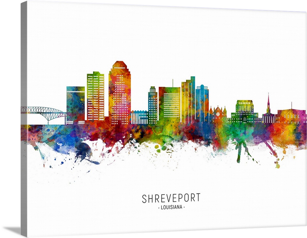 Watercolor art print of the skyline of Shreveport, Louisiana