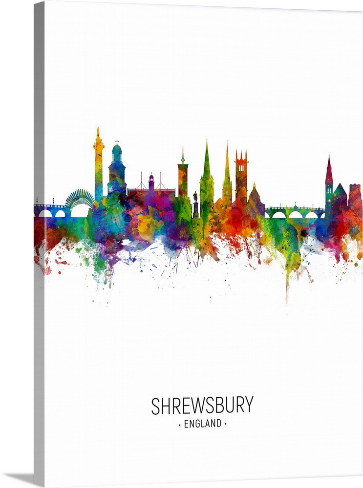 Watercolor art print of the skyline of Shrewsbury, England, United Kingdom