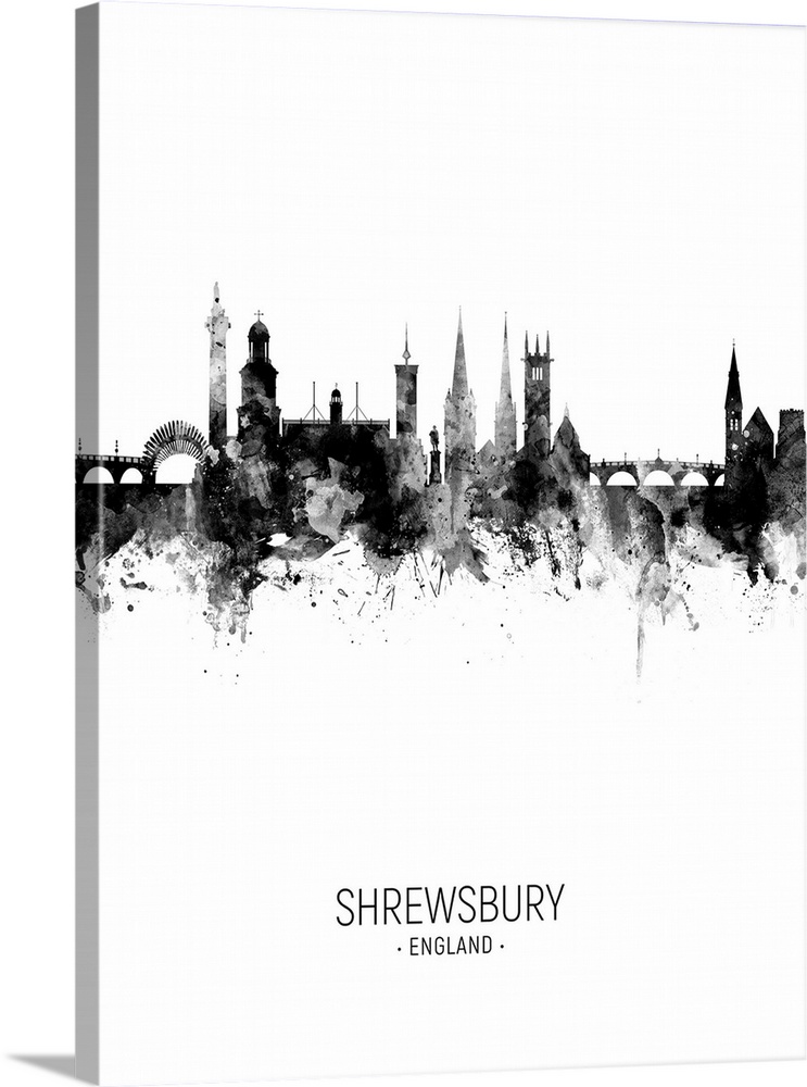 Watercolor art print of the skyline of Shrewsbury, England, United Kingdom.