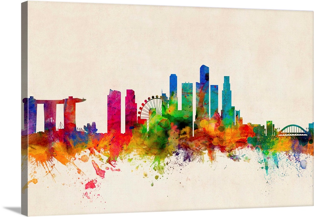 Contemporary piece of artwork of the Singapore skyline made of colorful paint splashes.