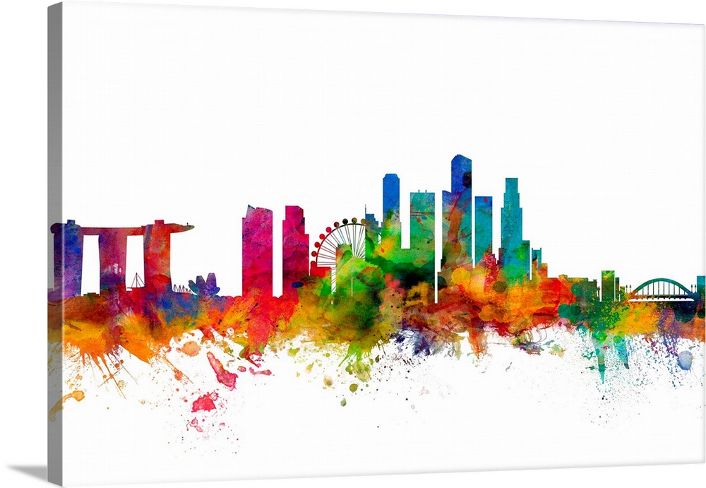 Watercolor artwork of the Singapore skyline against a white background.
