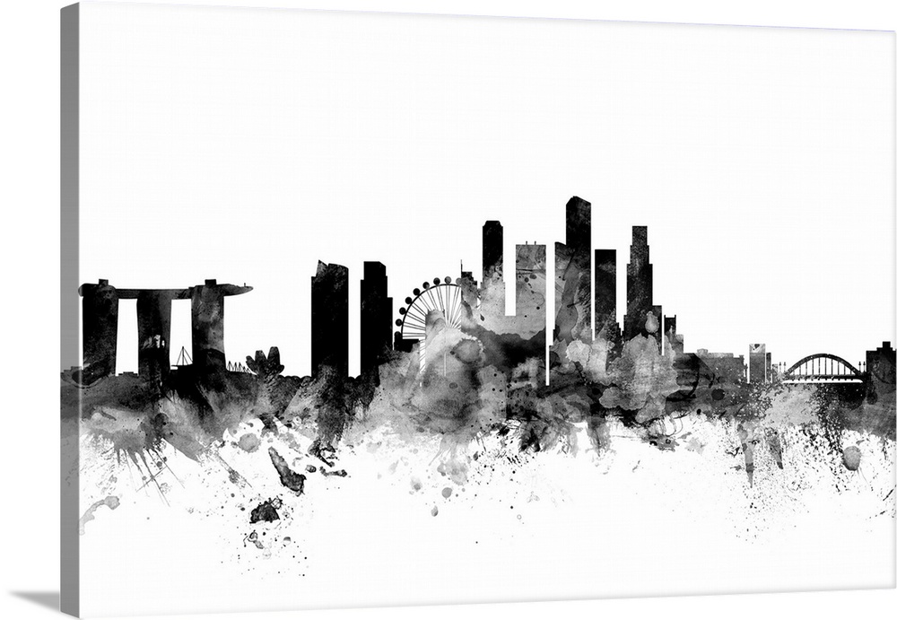 Contemporary artwork of the Singapore city skyline in black watercolor paint splashes.