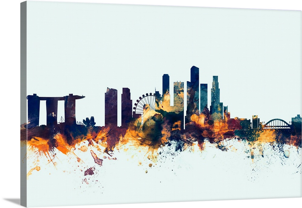 Watercolor art print of the skyline of Singapore.