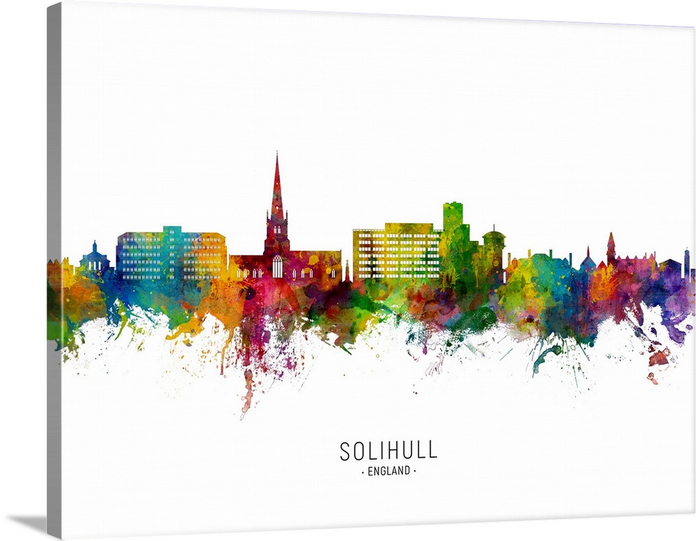 Watercolor art print of the skyline of Solihull, England, United Kingdom