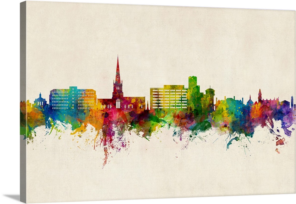 Watercolor art print of the skyline of Solihull, England, United Kingdom