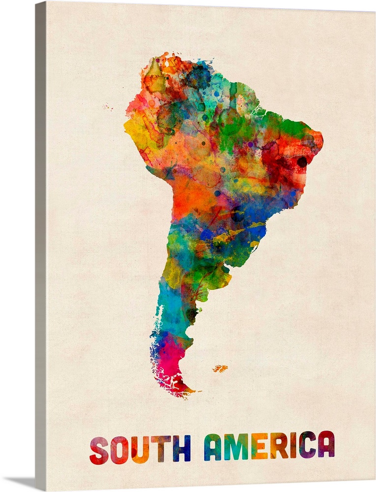 A watercolor map of South America.