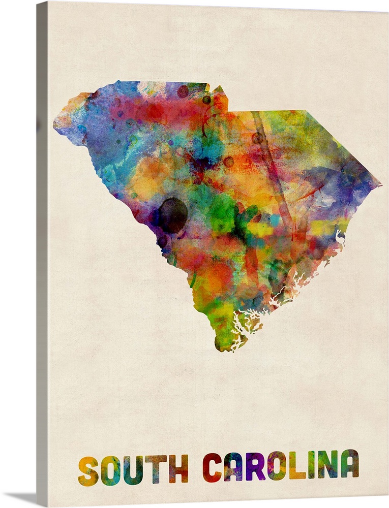 Contemporary piece of artwork of a map of South Carolina made up of watercolor splashes.