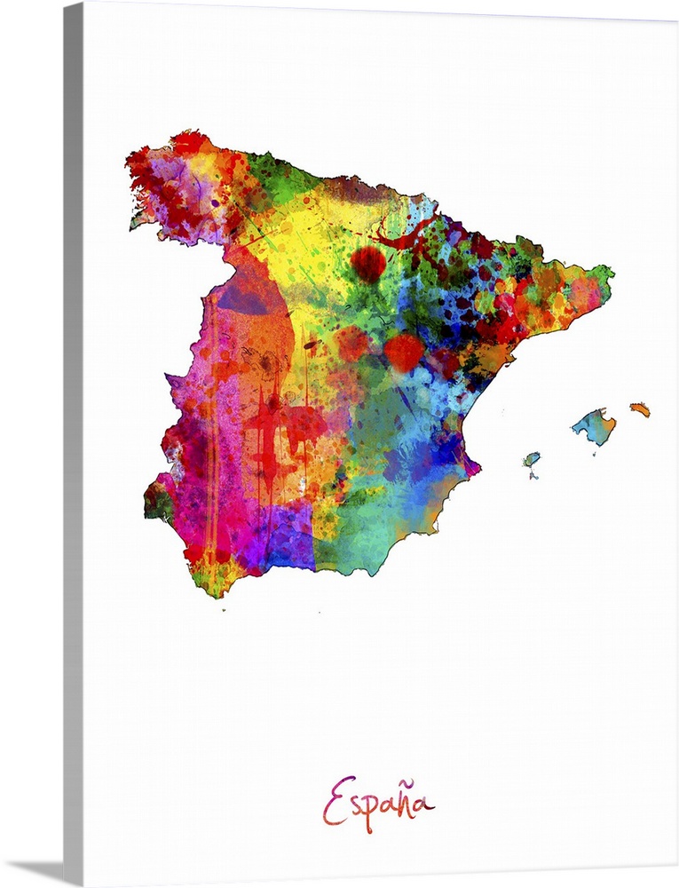 Watercolor art map of the country Spain against a white background.