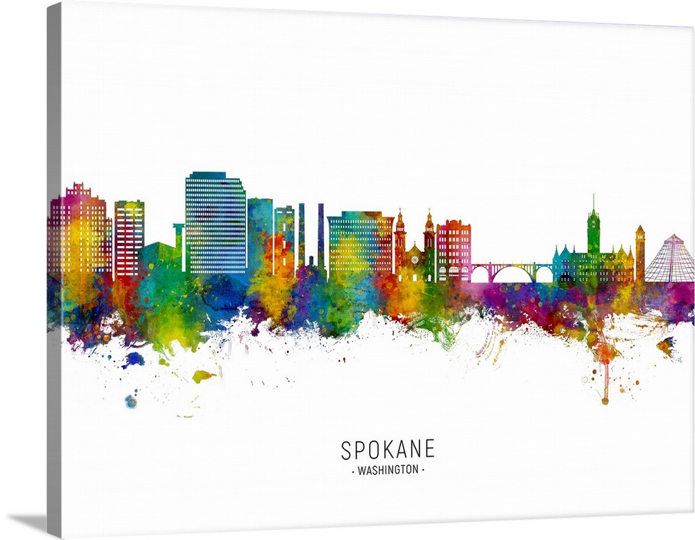 Watercolor art print of the skyline of Spokane, Washington, United States