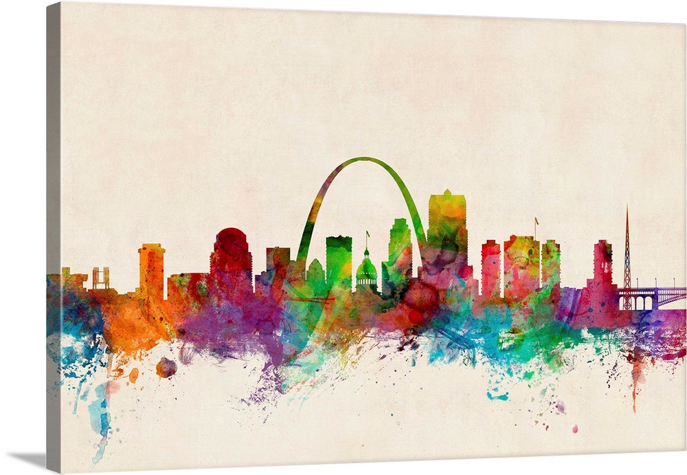 Contemporary piece of artwork of the St Louis skyline made of colorful paint splashes.