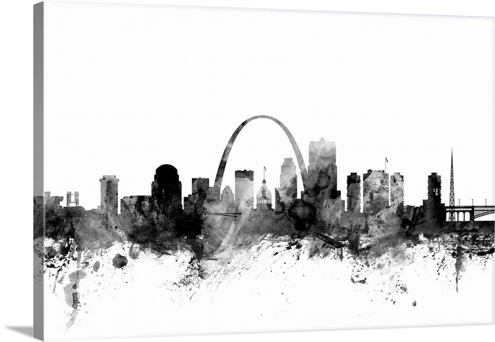 Contemporary artwork of the St. Louis city skyline in black watercolor paint splashes.