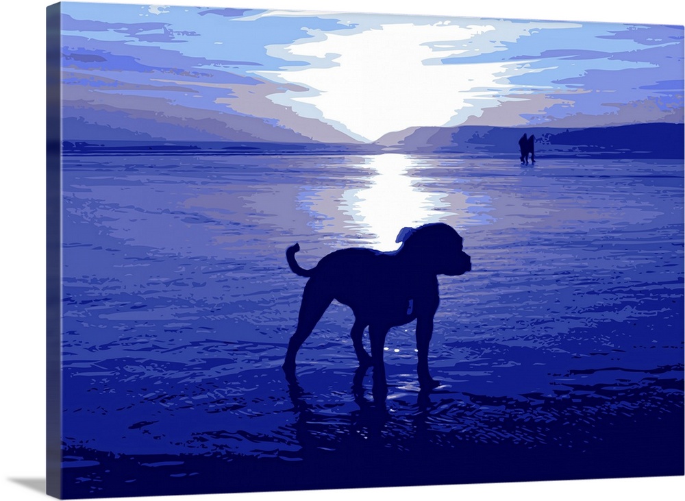 Staffordshire Bull Terrier Dog on beach, in blue. Pop Art Print.