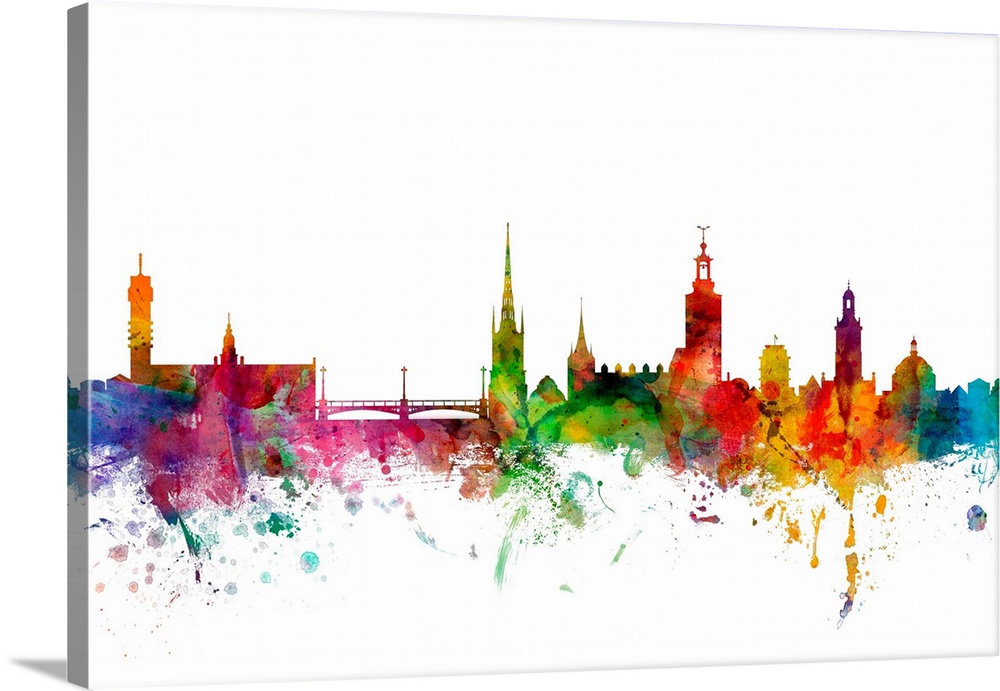 Watercolor artwork of the Stockholm skyline against a white background.