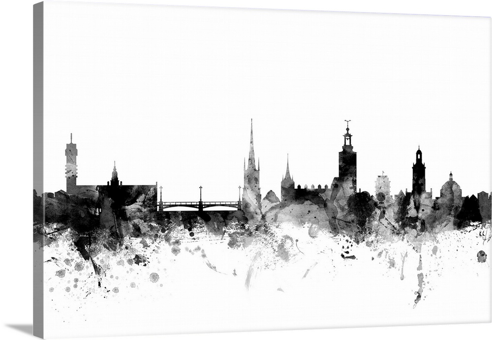 Contemporary artwork of the Stockholm city skyline in black watercolor paint splashes.