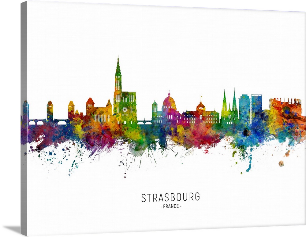 Watercolor art print of the skyline of Strasbourg, France