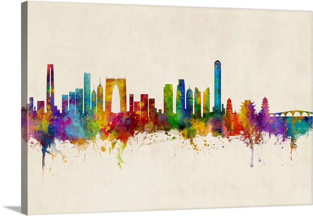 Watercolor art print of the skyline of Suzhou, China
