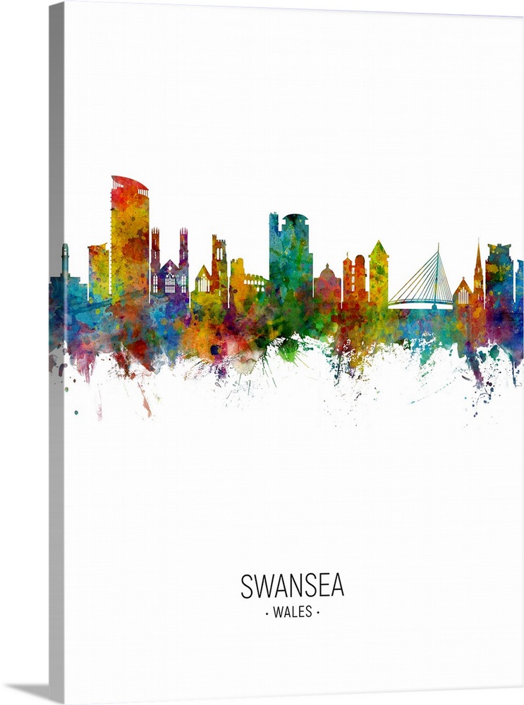 Watercolor art print of the skyline of Swansea, Wales, United Kingdom