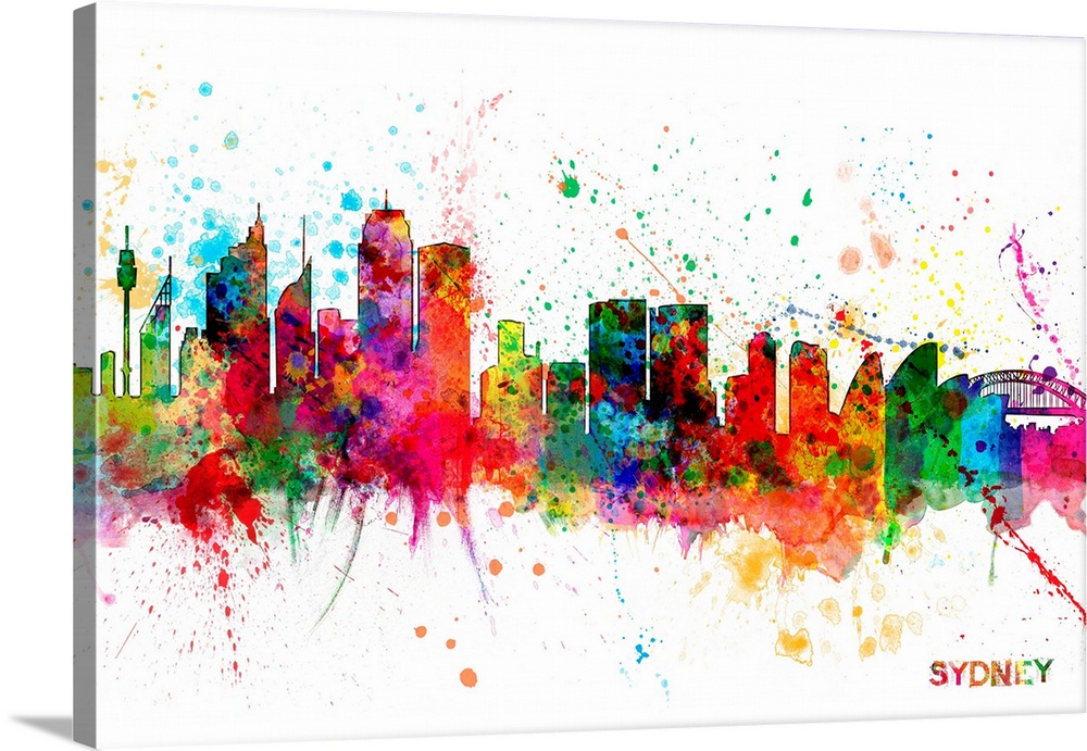 Contemporary piece of artwork of the Sydney skyline made of colorful paint splashes.