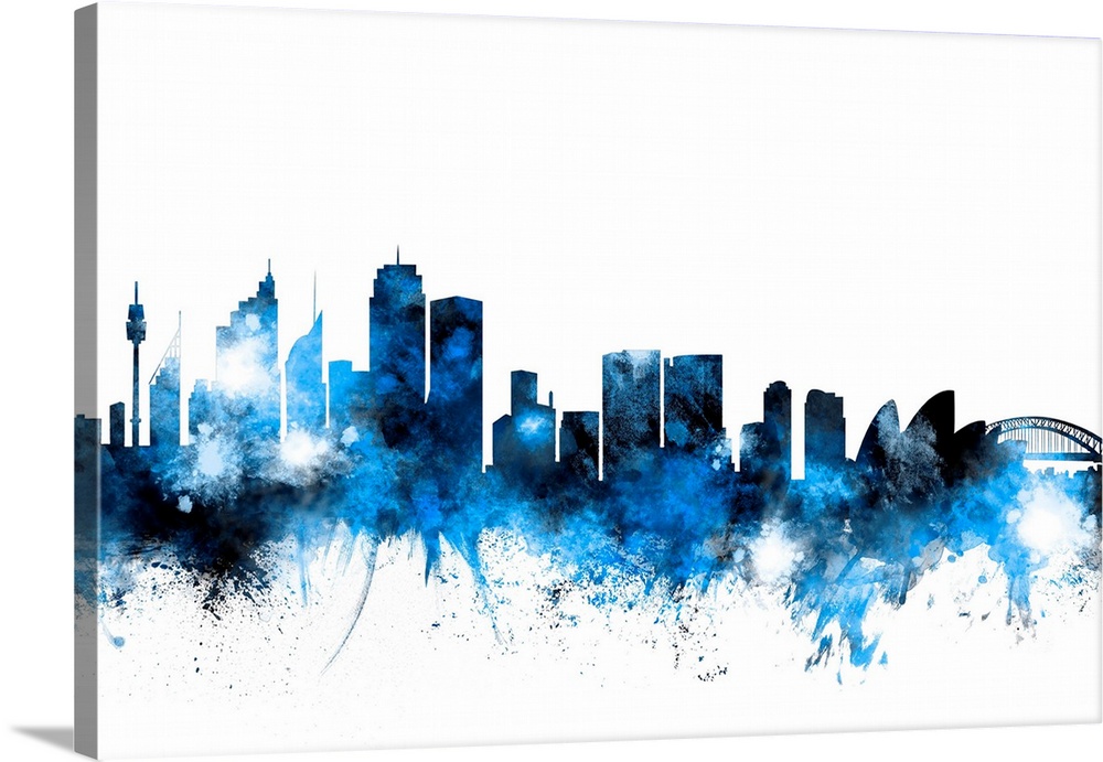 Contemporary piece of artwork of the Sydney skyline made of colorful paint splashes.