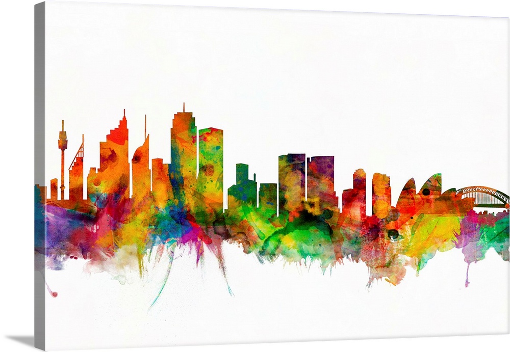 Watercolor artwork of the Sydney skyline against a white background.