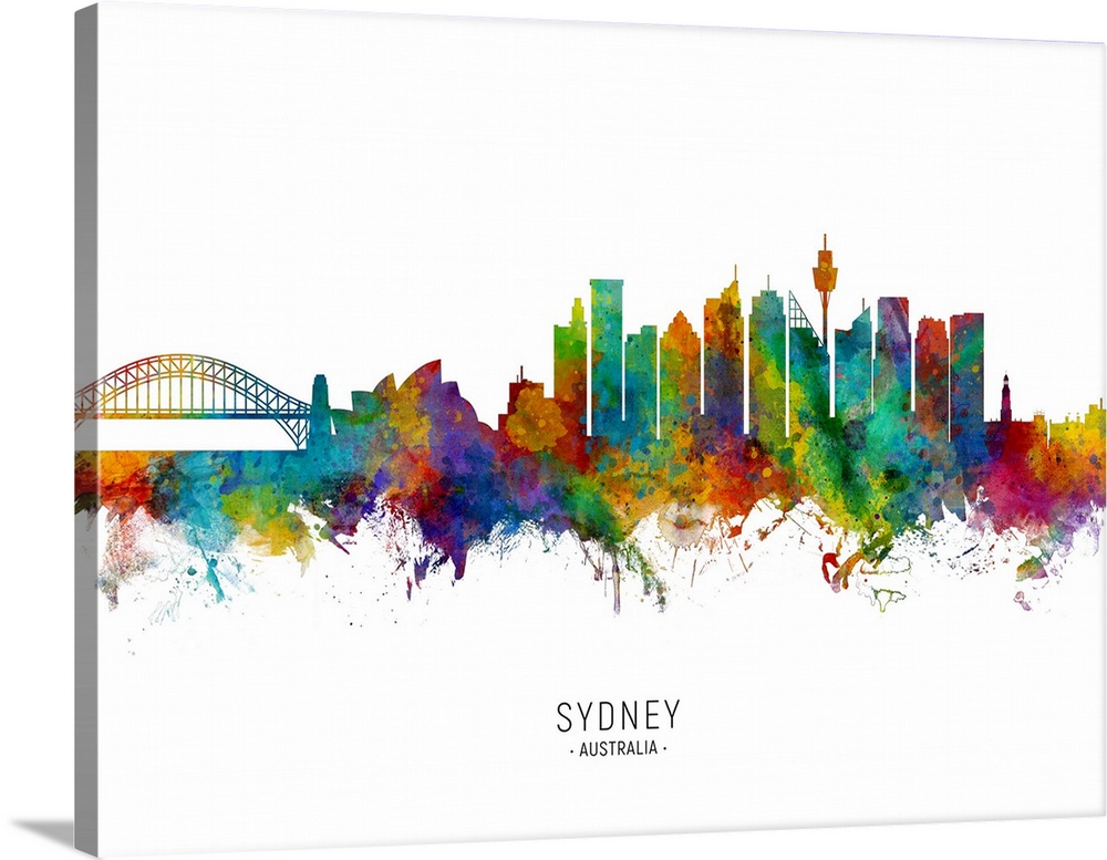 Watercolor art print of the skyline of Sydney, Australia.