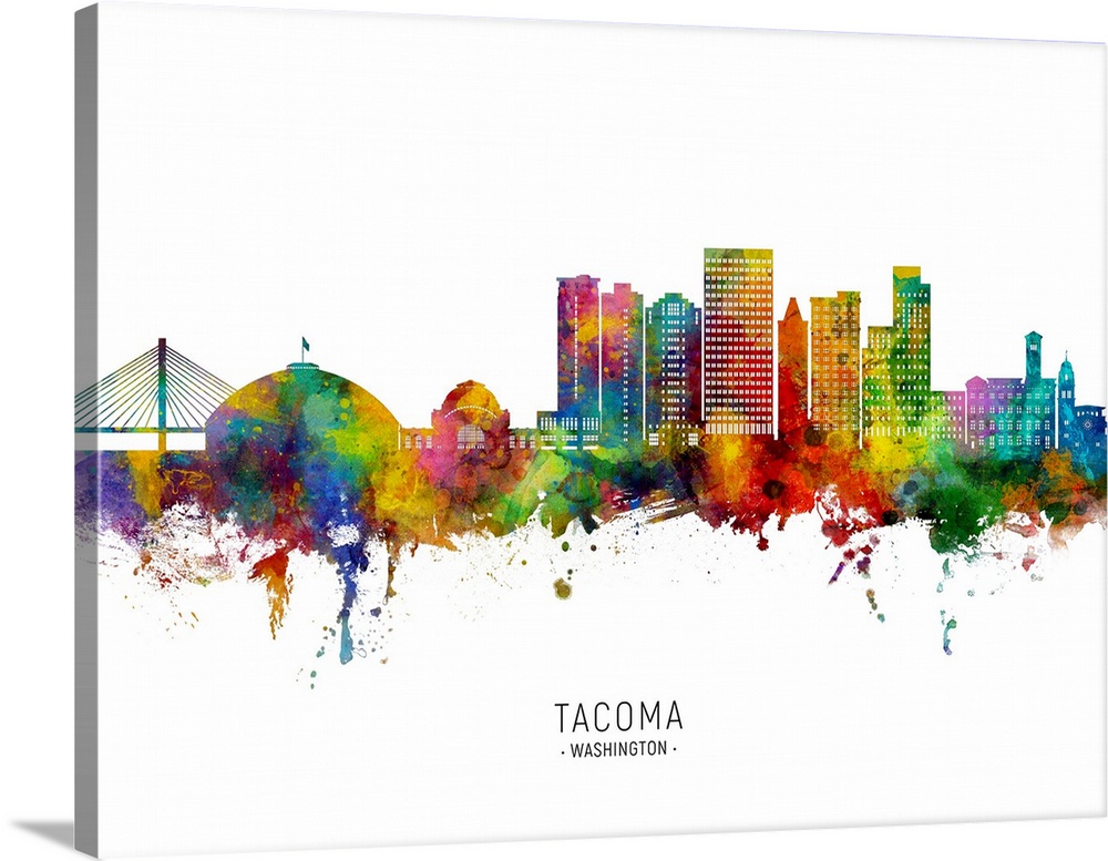 Watercolor art print of the skyline of Tacoma, Washington, United States