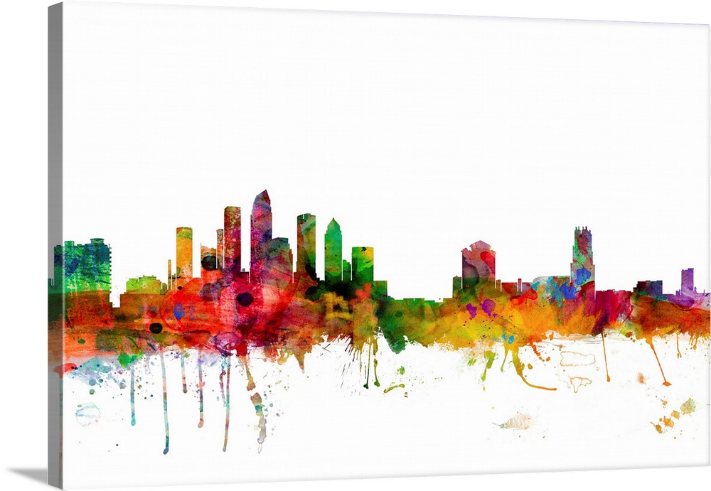 Watercolor artwork of the Tampa skyline against a white background.