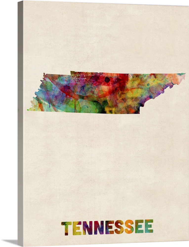 Contemporary piece of artwork of a map of Tennessee made up of watercolor splashes.