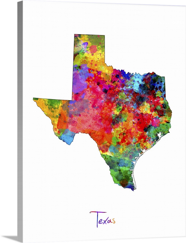 Contemporary artwork of a map of Texas made of colorful paint splashes.