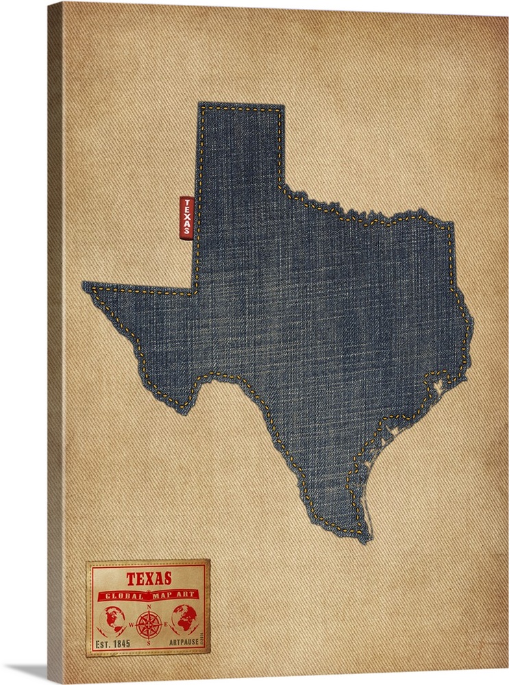 Contemporary artwork of the state of Texas made of denim, against a rustic background.