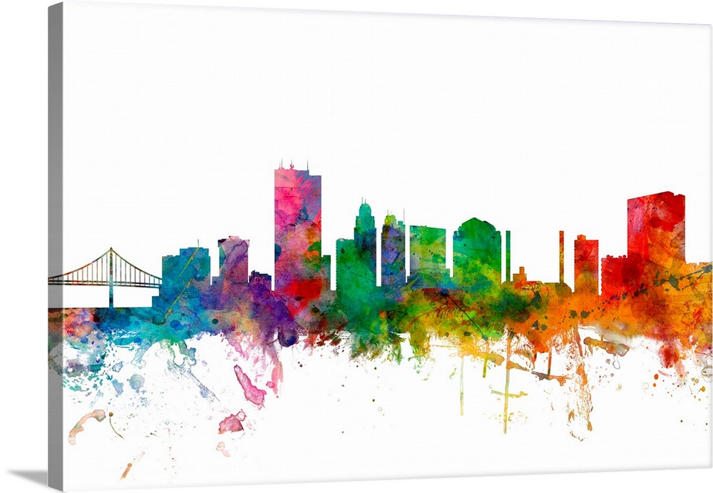 Watercolor artwork of the Toledo skyline against a white background.