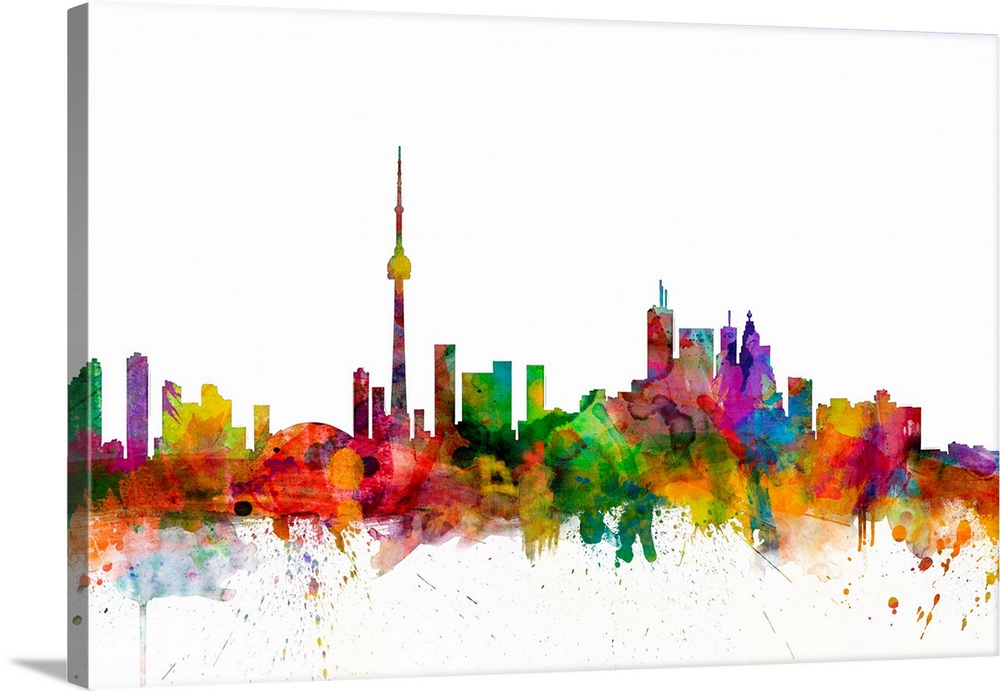 Watercolor artwork of the Toronto skyline against a white background.