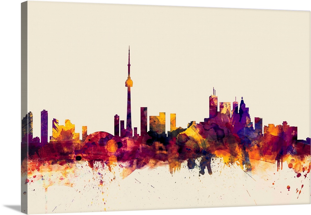 Watercolor artwork of the Toronto skyline against a beige background.