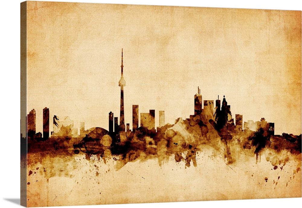Contemporary artwork of the Toronto city skyline in a vintage distressed look.